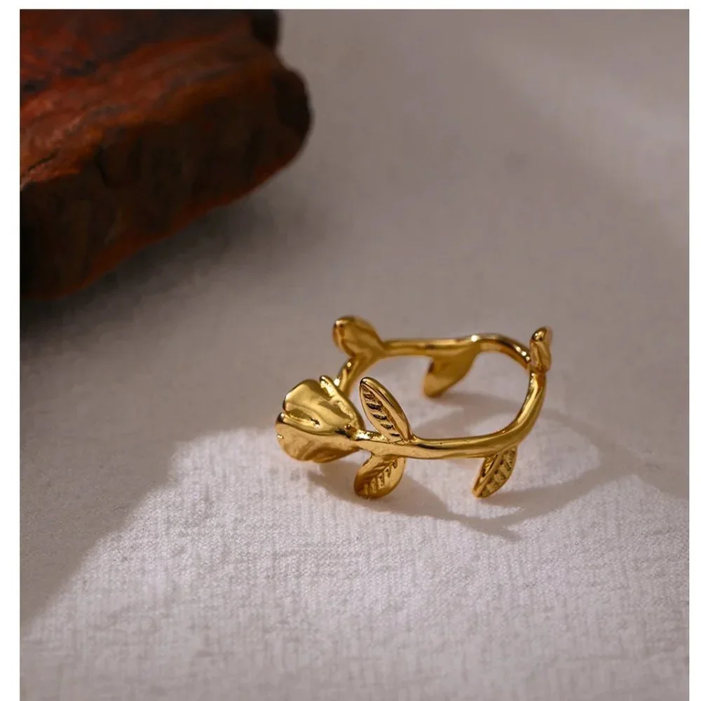NEW 18K Gold Plated Rose Flower Leaf Resizable Ring